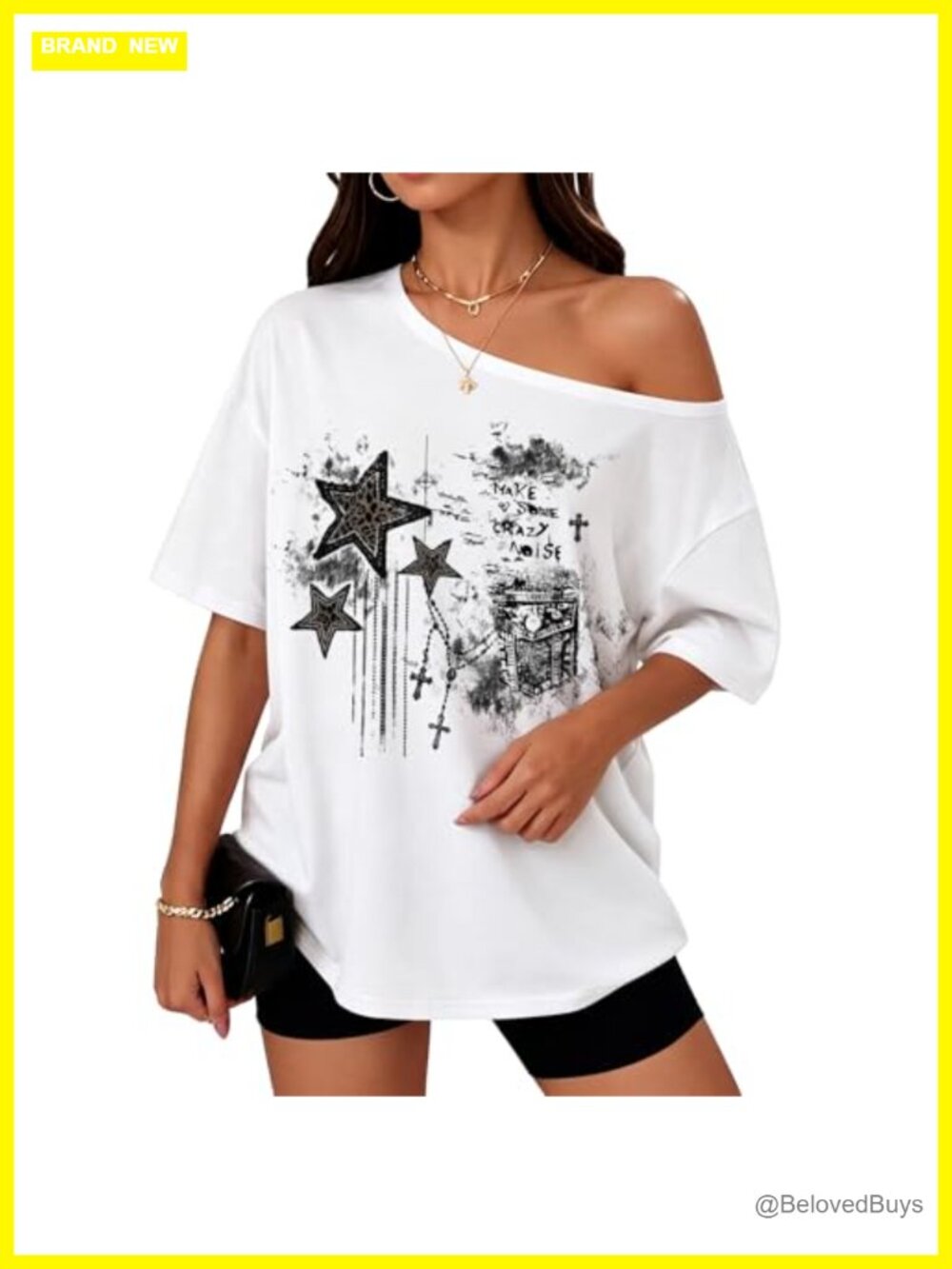 Womens Off Shoulder Graphic Tee Oversized Y2K Grunge Punk Cotton Blend